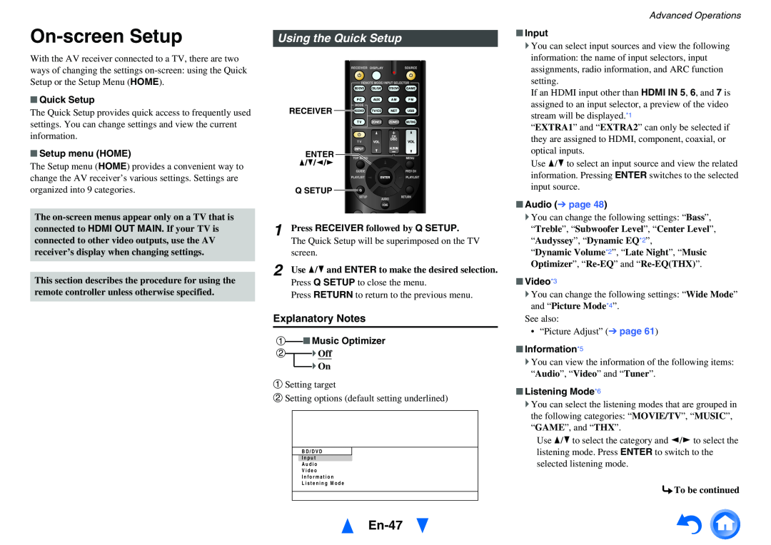 Onkyo TX-NR616 On-screenSetup, En-47, Using the Quick Setup, Setup menu HOME, a Music Optimizer, Advanced Operations 