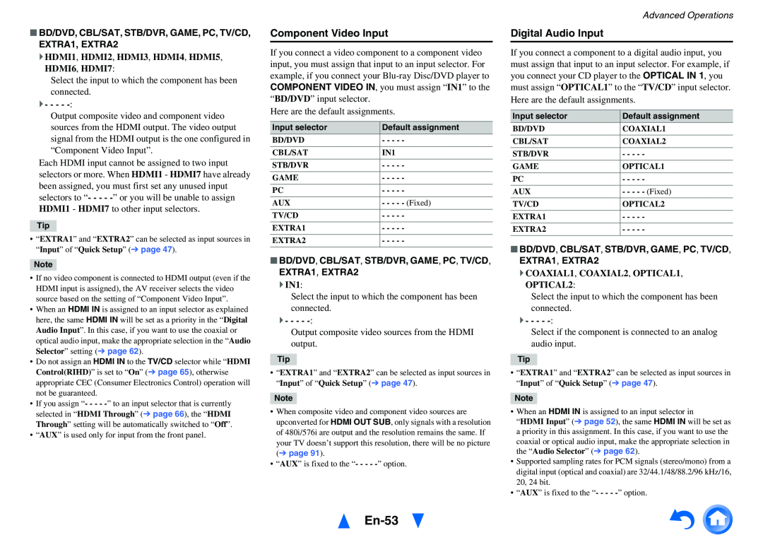 Onkyo TX-NR616 instruction manual En-53, Component Video Input, Digital Audio Input, Advanced Operations 
