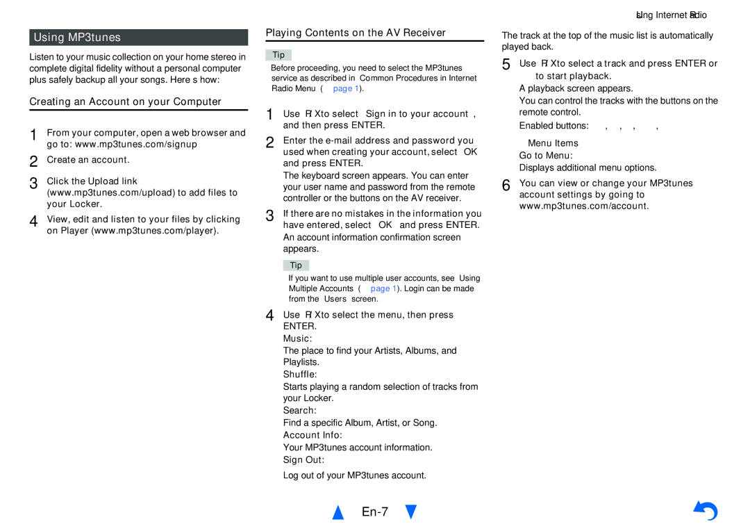 Onkyo TX-NR626 instruction manual Using MP3tunes, Creating an Account on your Computer, Playing Contents on the AV Receiver 