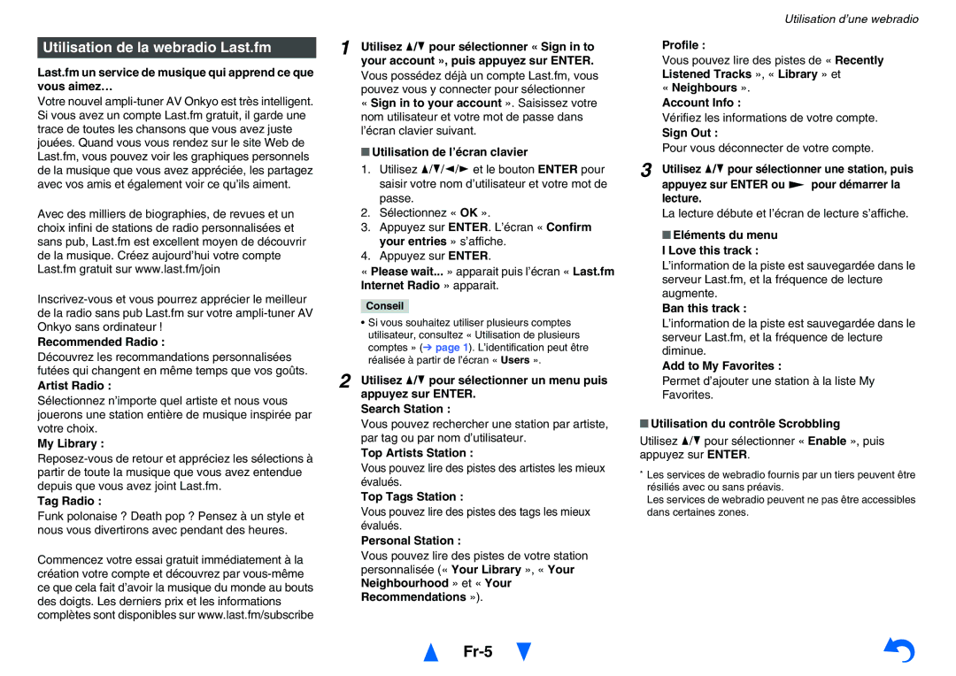 Onkyo TX-NR626 instruction manual Fr-5, Utilisation de la webradio Last.fm 