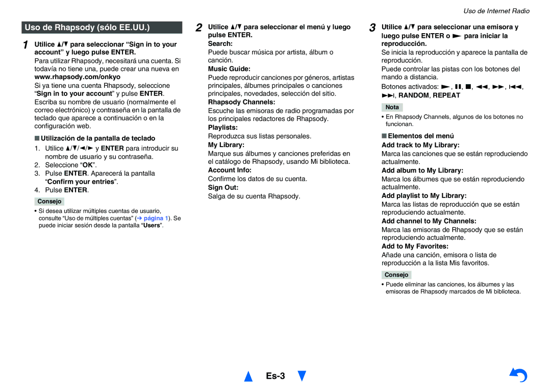 Onkyo TX-NR626 instruction manual Es-3, Uso de Rhapsody sólo EE.UU 