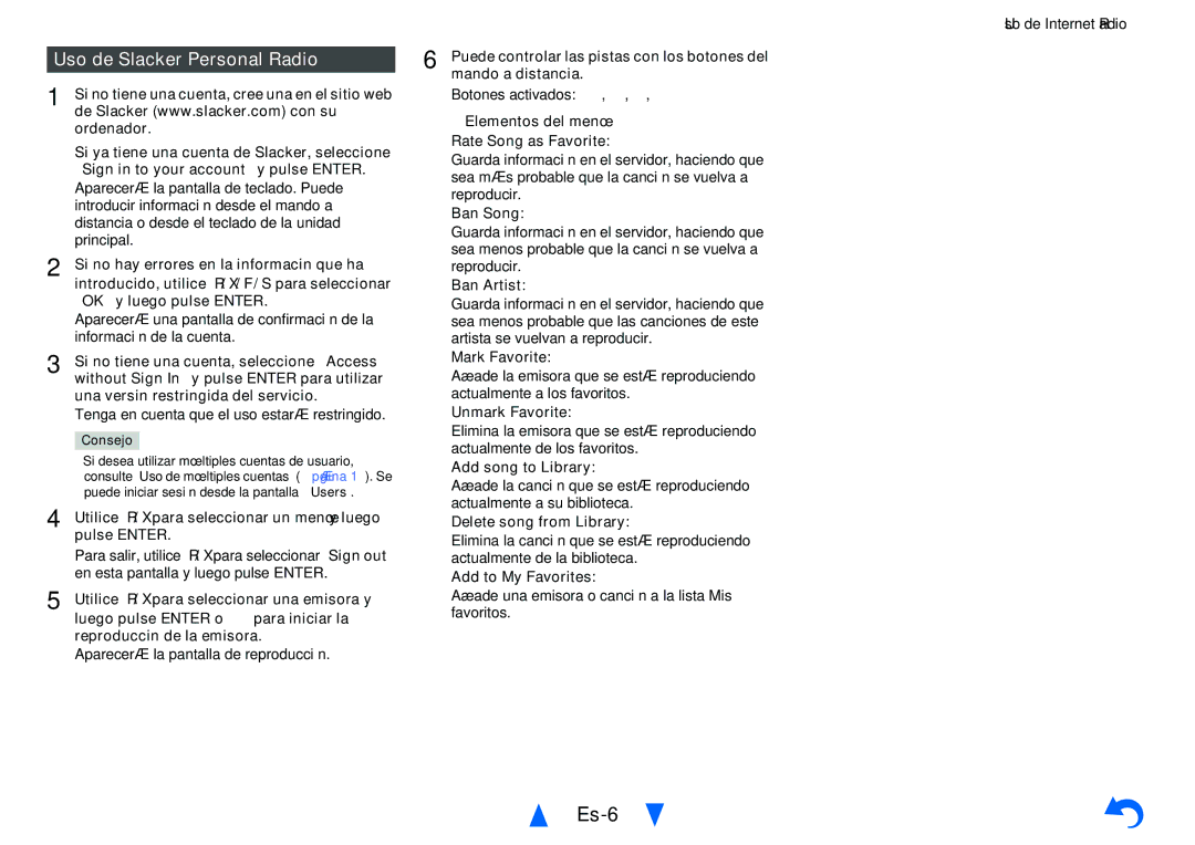 Onkyo TX-NR626 instruction manual Es-6, Uso de Slacker Personal Radio 