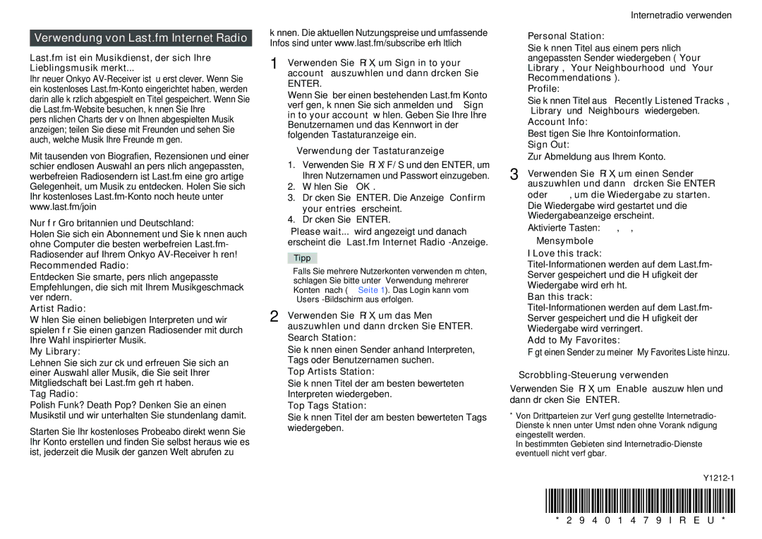 Onkyo TX-NR626 Verwendung von Last.fm Internet Radio, Verwendung der Tastaturanzeige, Menüsymbole I Love this track 