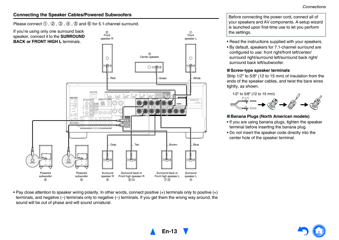 Onkyo TX-NR626 instruction manual En-13, Connecting the Speaker Cables/Powered Subwoofers, Back or Front High L terminals 