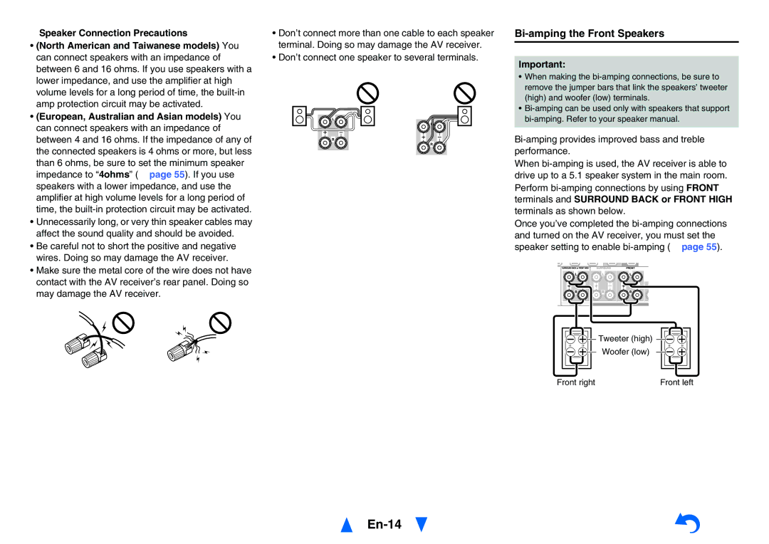 Onkyo TX-NR626 instruction manual En-14, Bi-amping the Front Speakers, Don’t connect one speaker to several terminals 