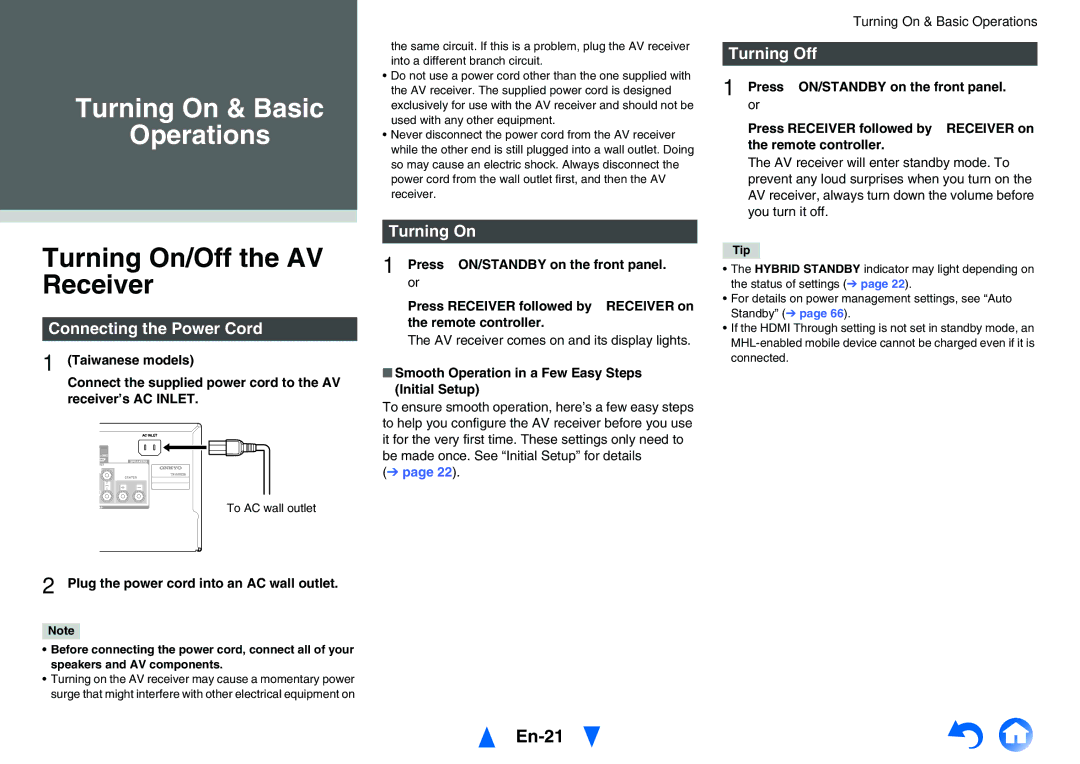 Onkyo TX-NR626 instruction manual Turning On/Off the AV Receiver, En-21, Turning Off, Connecting the Power Cord 