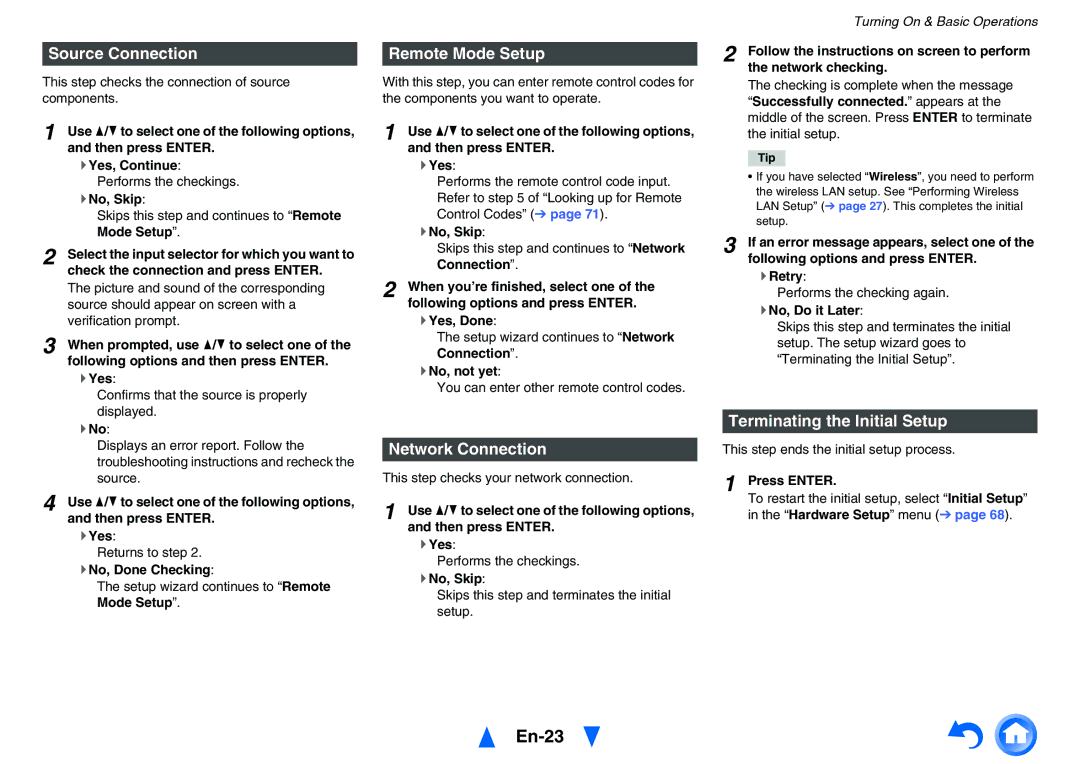 Onkyo TX-NR626 En-23, Source Connection, Remote Mode Setup, Network Connection, Terminating the Initial Setup 