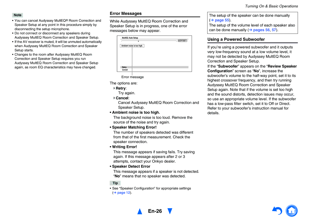 Onkyo TX-NR626 instruction manual En-26, Error Messages, Using a Powered Subwoofer 