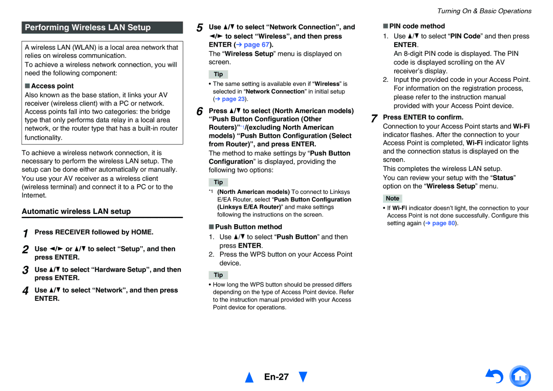 Onkyo TX-NR626 instruction manual En-27, Performing Wireless LAN Setup, Automatic wireless LAN setup 