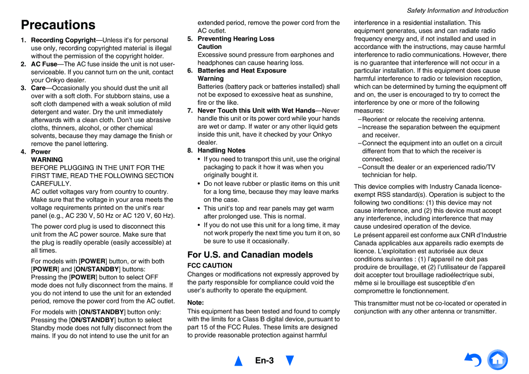 Onkyo TX-NR626 instruction manual Precautions, For U.S. and Canadian models, En-3, FCC Caution 