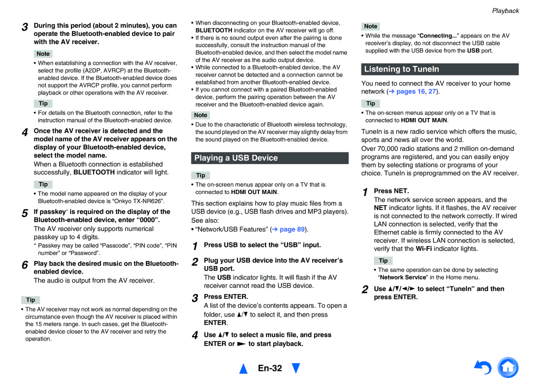 Onkyo TX-NR626 instruction manual En-32, Playing a USB Device, Listening to TuneIn 