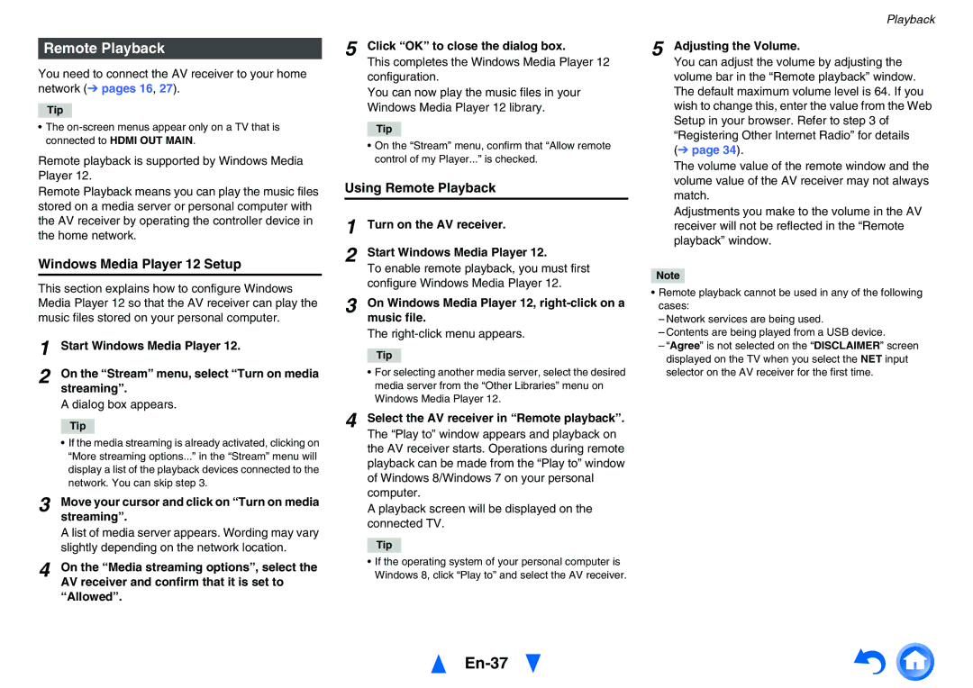 Onkyo TX-NR626 instruction manual En-37, Windows Media Player 12 Setup, Using Remote Playback 