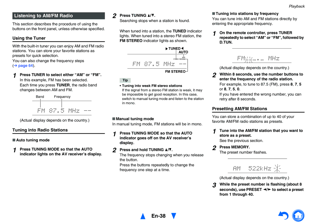 Onkyo TX-NR626 En-38, Listening to AM/FM Radio, Using the Tuner, Presetting AM/FM Stations, Tuning into Radio Stations 