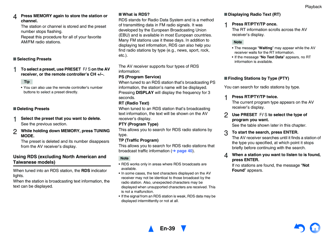 Onkyo TX-NR626 instruction manual En-39, Using RDS excluding North American and Taiwanese models, Mode 