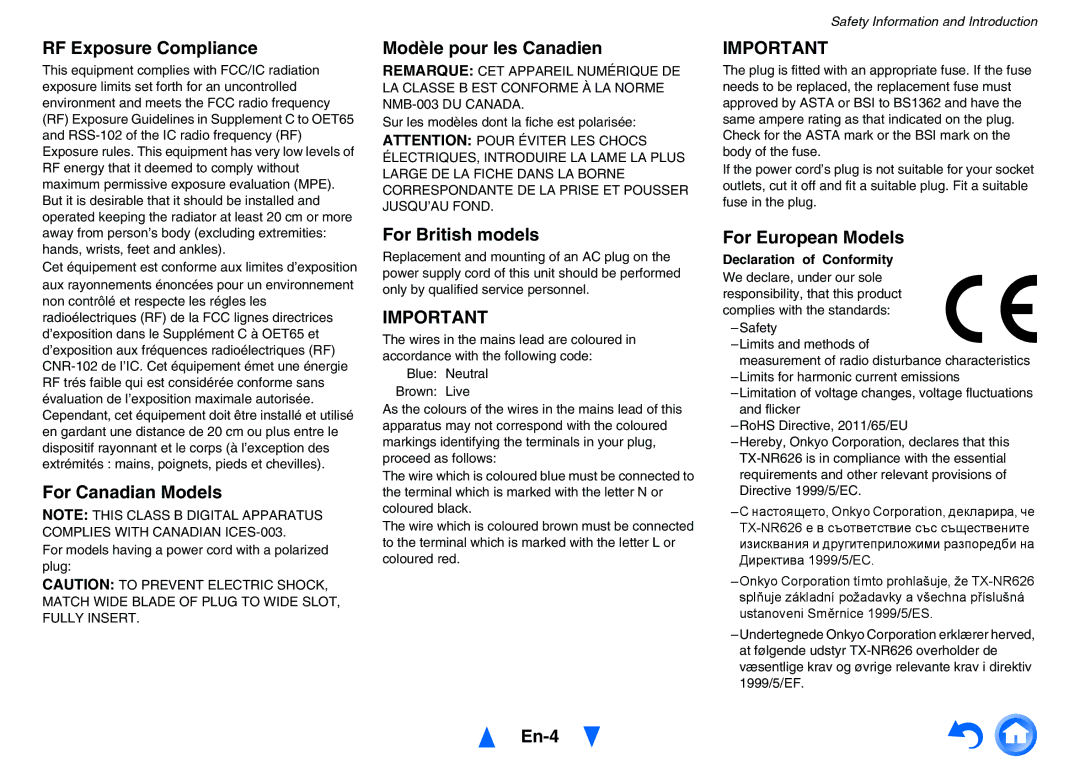 Onkyo TX-NR626 RF Exposure Compliance, For Canadian Models, Modèle pour les Canadien, For British models, En-4 