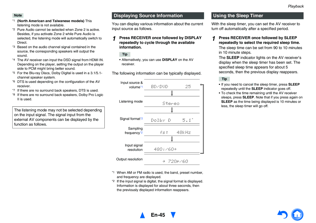 Onkyo TX-NR626 En-45, Displaying Source Information, Using the Sleep Timer, North American and Taiwanese models This 