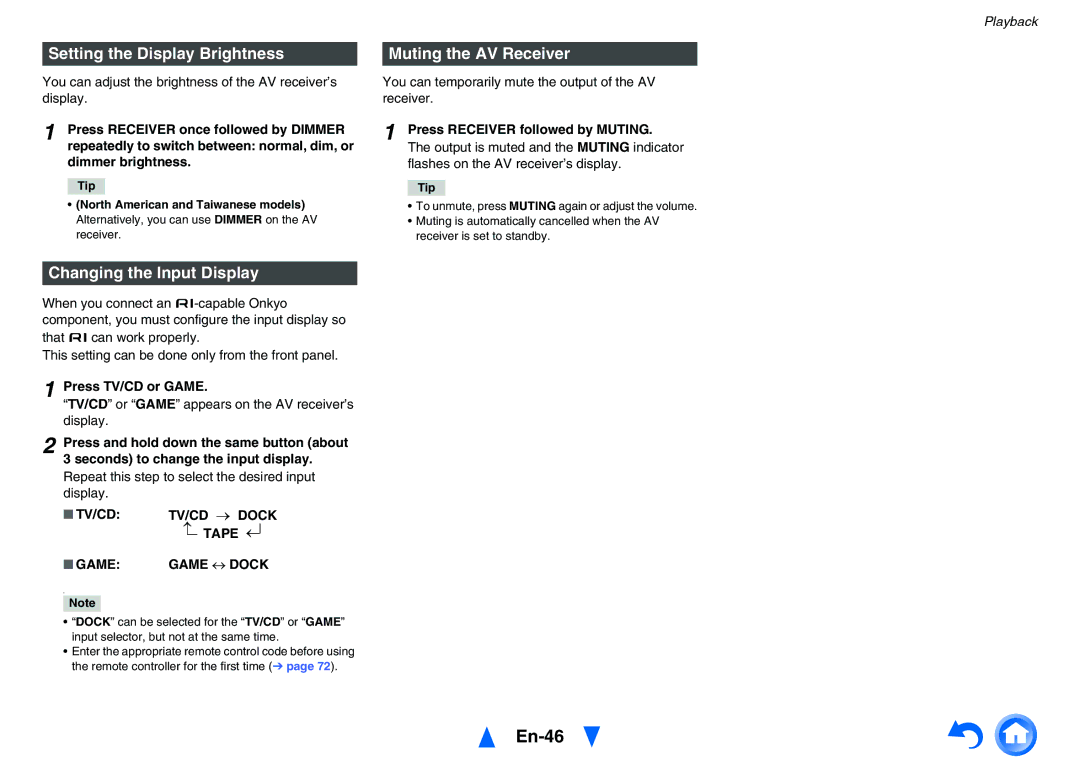 Onkyo TX-NR626 instruction manual En-46, Setting the Display Brightness, Changing the Input Display, Muting the AV Receiver 