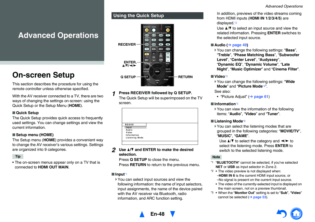 Onkyo TX-NR626 instruction manual On-screen Setup, En-48, Using the Quick Setup 