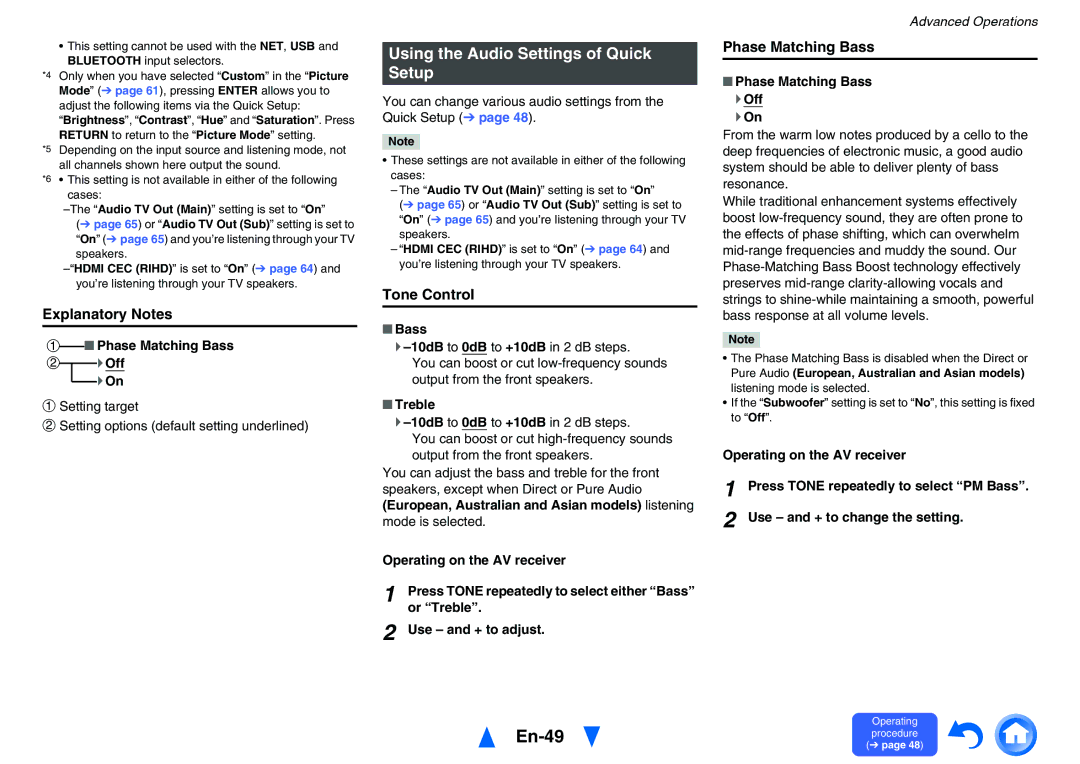 Onkyo TX-NR626 En-49, Using the Audio Settings of Quick Setup, Explanatory Notes, Tone Control, Phase Matching Bass 