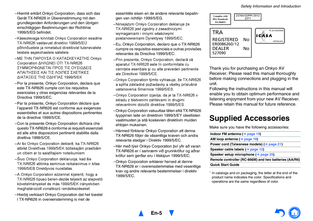 Onkyo TX-NR626 instruction manual Supplied Accessories, En-5, Make sure you have the following accessories 