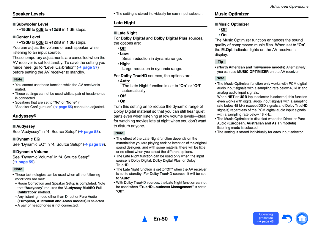 Onkyo TX-NR626 instruction manual En-50, Speaker Levels, Audyssey, Late Night, Music Optimizer 
