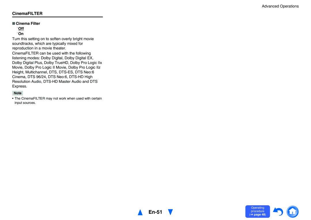Onkyo TX-NR626 instruction manual En-51, CinemaFILTER, Cinema Filter ` Off ` On 