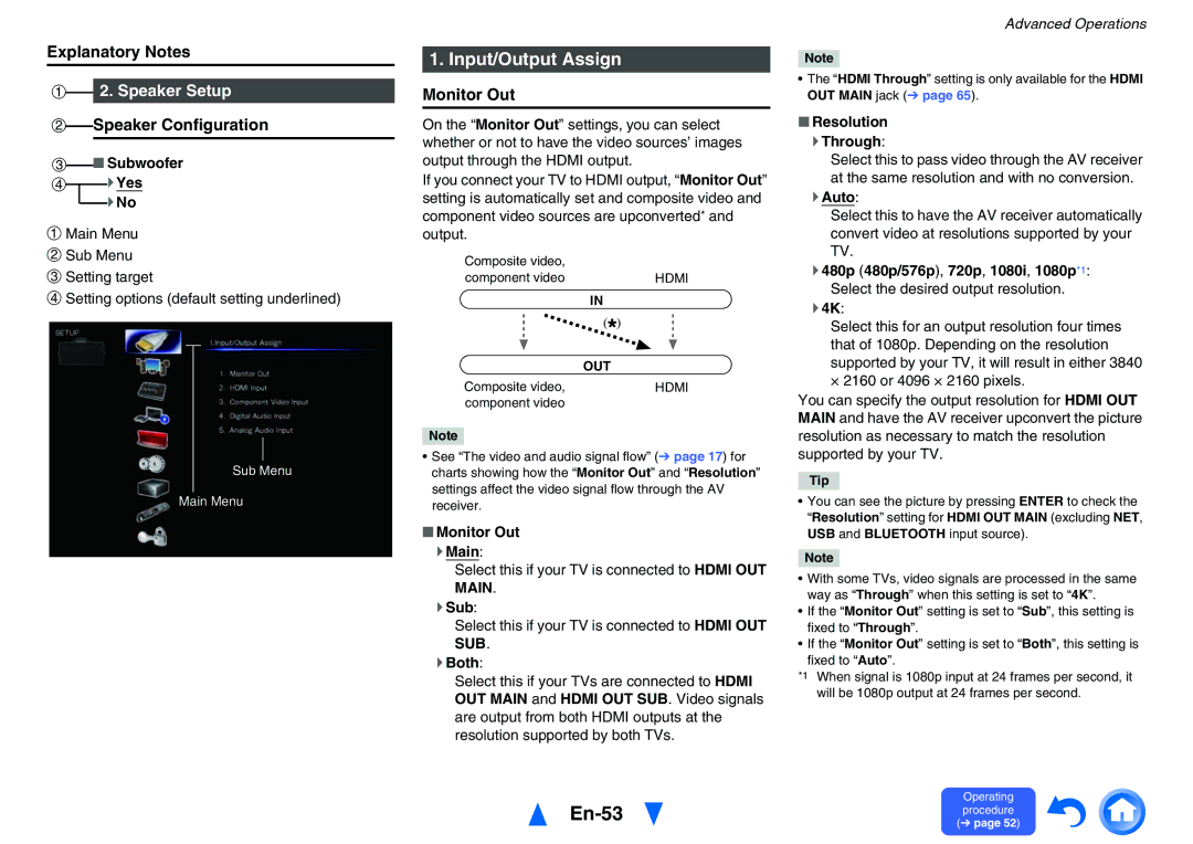 Onkyo TX-NR626 instruction manual En-53, Input/Output Assign, Speaker Setup, Monitor Out 