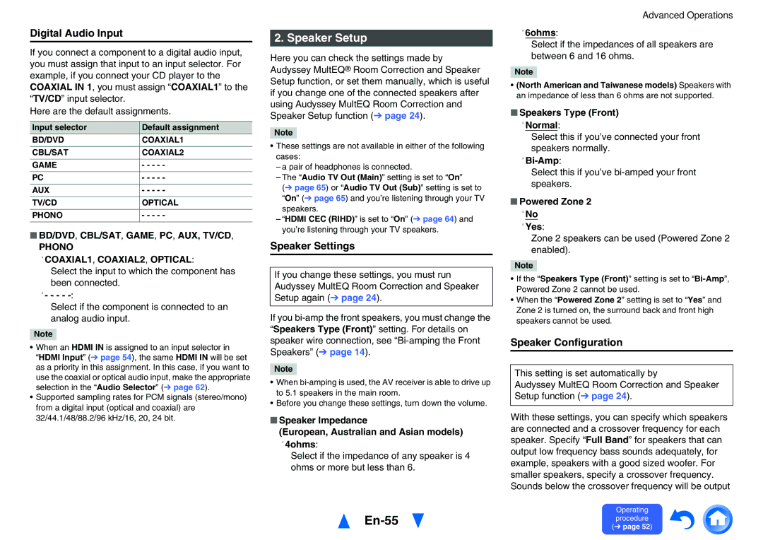 Onkyo TX-NR626 instruction manual En-55, Speaker Setup, Digital Audio Input, Speaker Settings 
