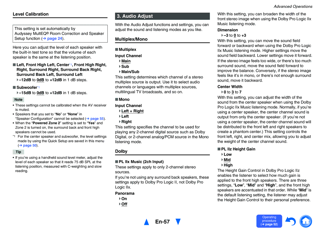 Onkyo TX-NR626 instruction manual En-57, Audio Adjust, Level Calibration, Multiplex/Mono, Dolby 