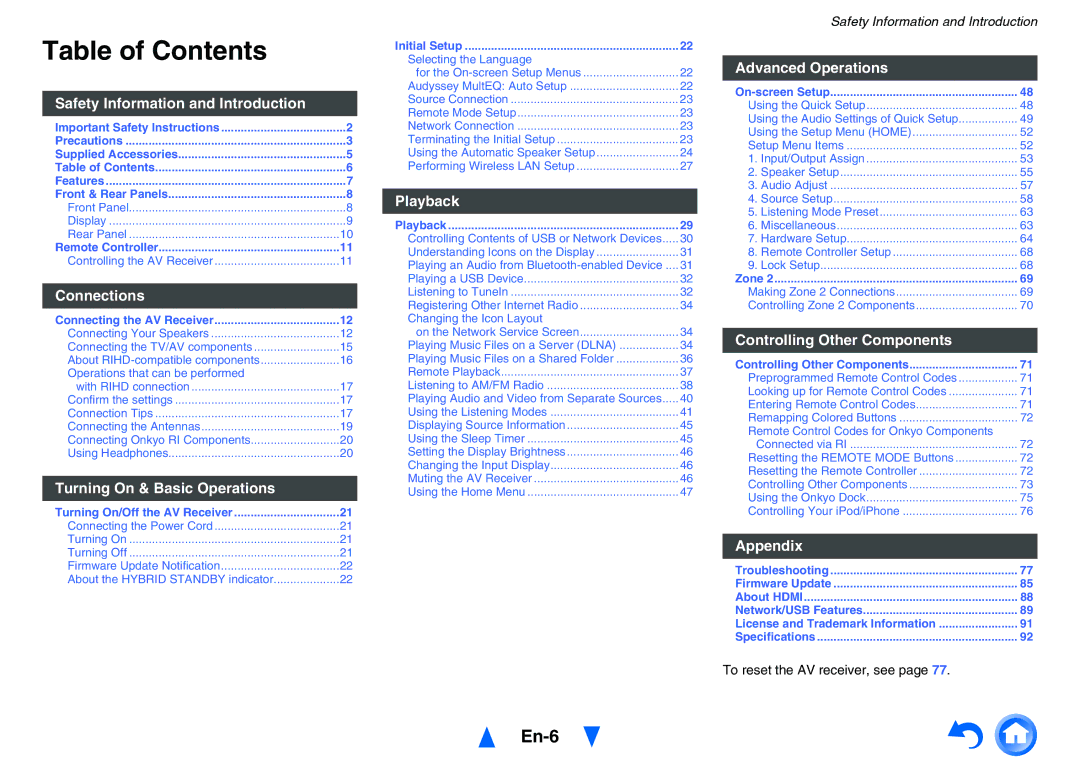 Onkyo TX-NR626 instruction manual Table of Contents 