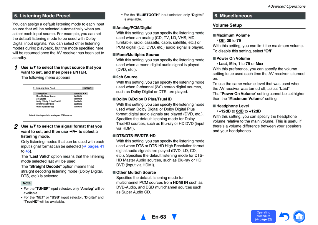 Onkyo TX-NR626 instruction manual En-63, Listening Mode Preset, Miscellaneous, Volume Setup, Dts/Dts-Es/Dts-Hd 