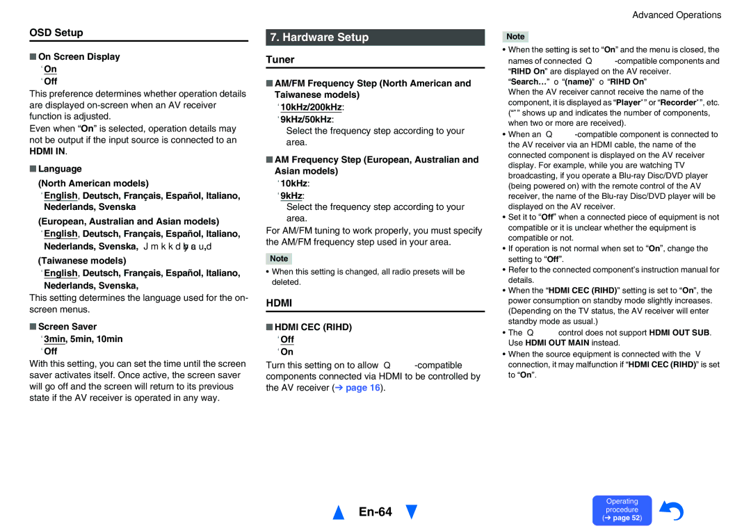 Onkyo TX-NR626 instruction manual En-64, Hardware Setup, OSD Setup, Tuner, Hdmi CEC Rihd 
