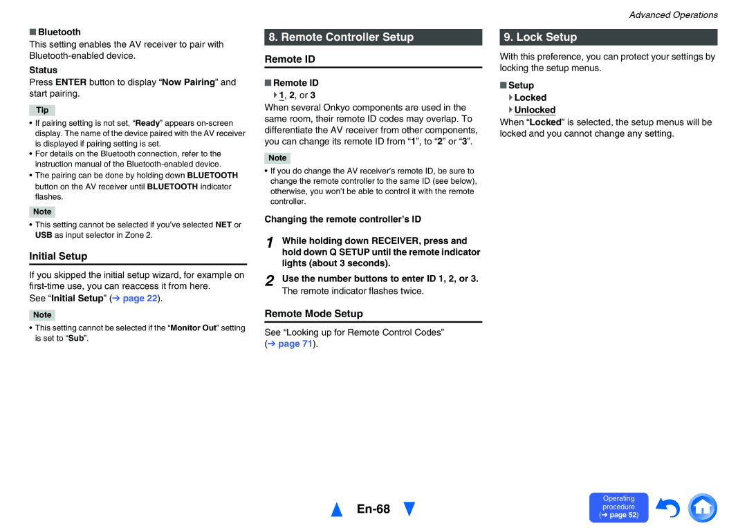Onkyo TX-NR626 instruction manual En-68, Remote Controller Setup, Lock Setup 