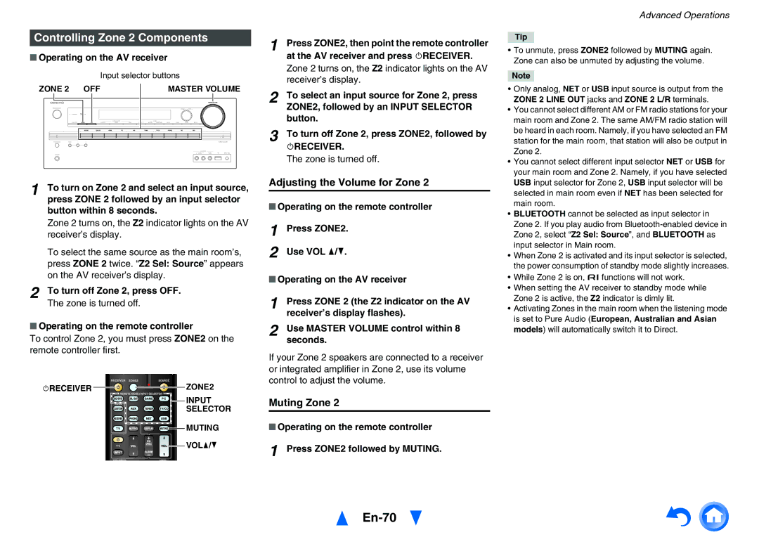 Onkyo TX-NR626 instruction manual En-70, Controlling Zone 2 Components, Adjusting the Volume for Zone, Muting Zone 