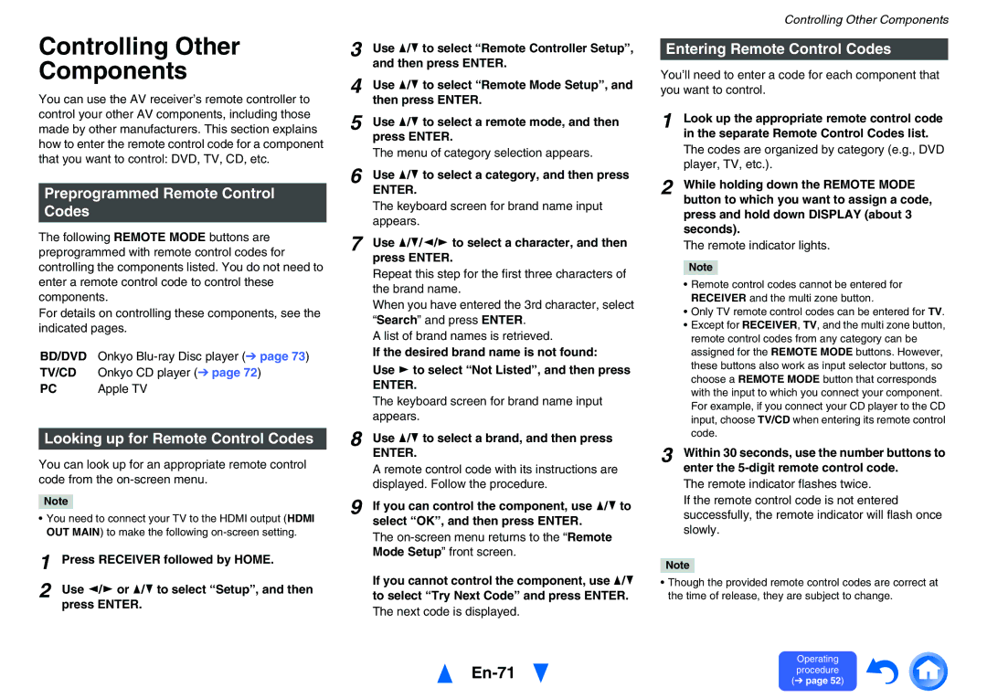 Onkyo TX-NR626 Controlling Other Components, En-71, Preprogrammed Remote Control Codes, Entering Remote Control Codes 
