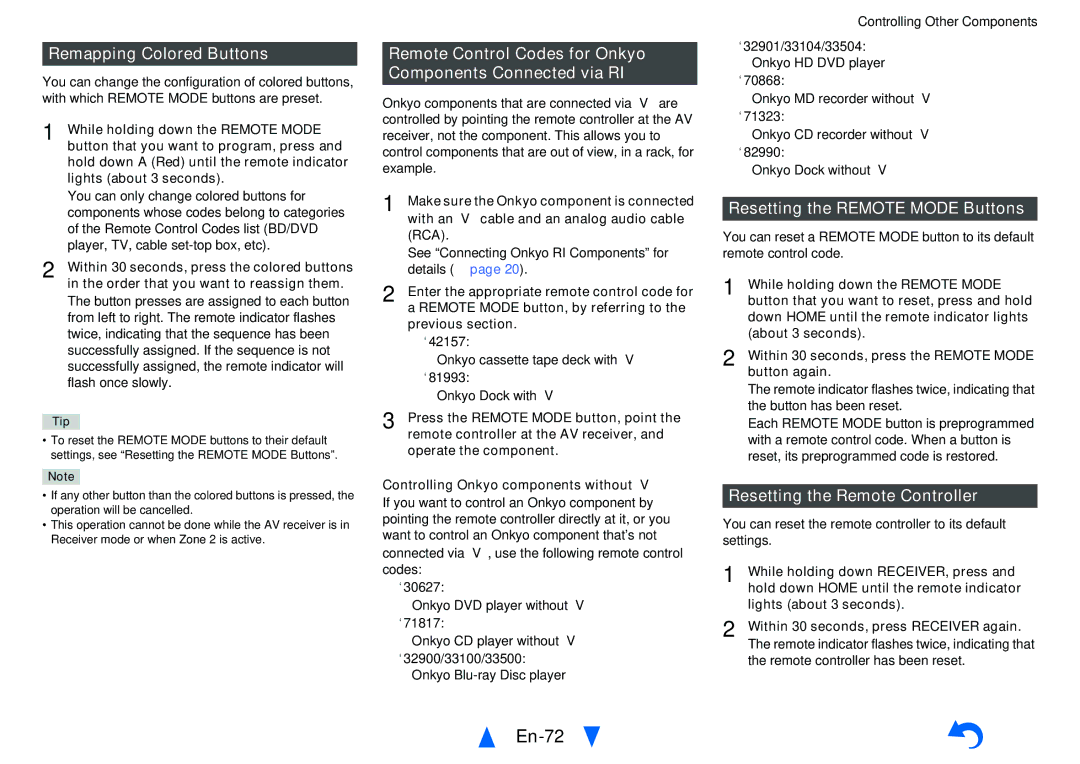 Onkyo TX-NR626 En-72, Remapping Colored Buttons, Remote Control Codes for Onkyo Components Connected via RI 