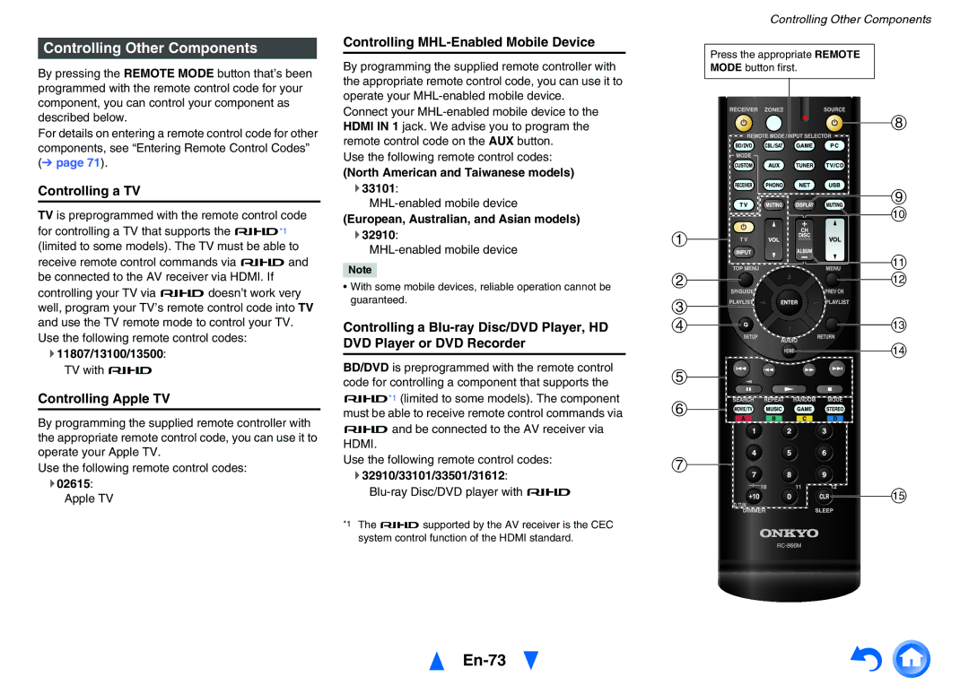 Onkyo TX-NR626 instruction manual En-73, Controlling Other Components, Controlling a TV, Controlling Apple TV 