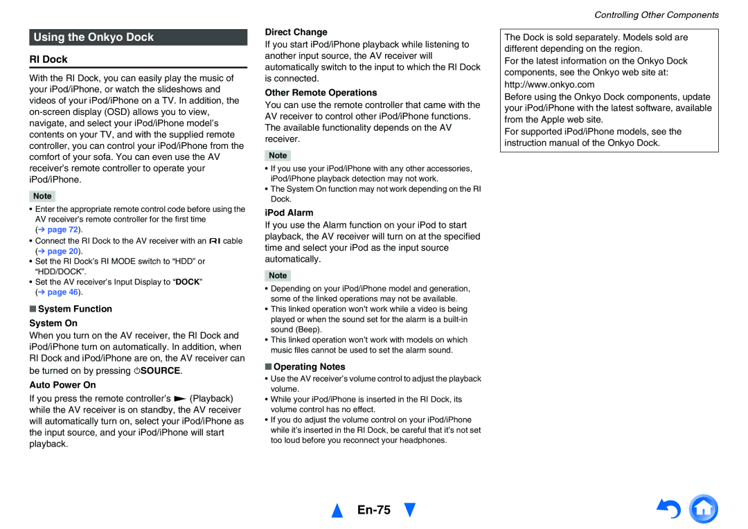 Onkyo TX-NR626 instruction manual En-75, Using the Onkyo Dock, RI Dock 