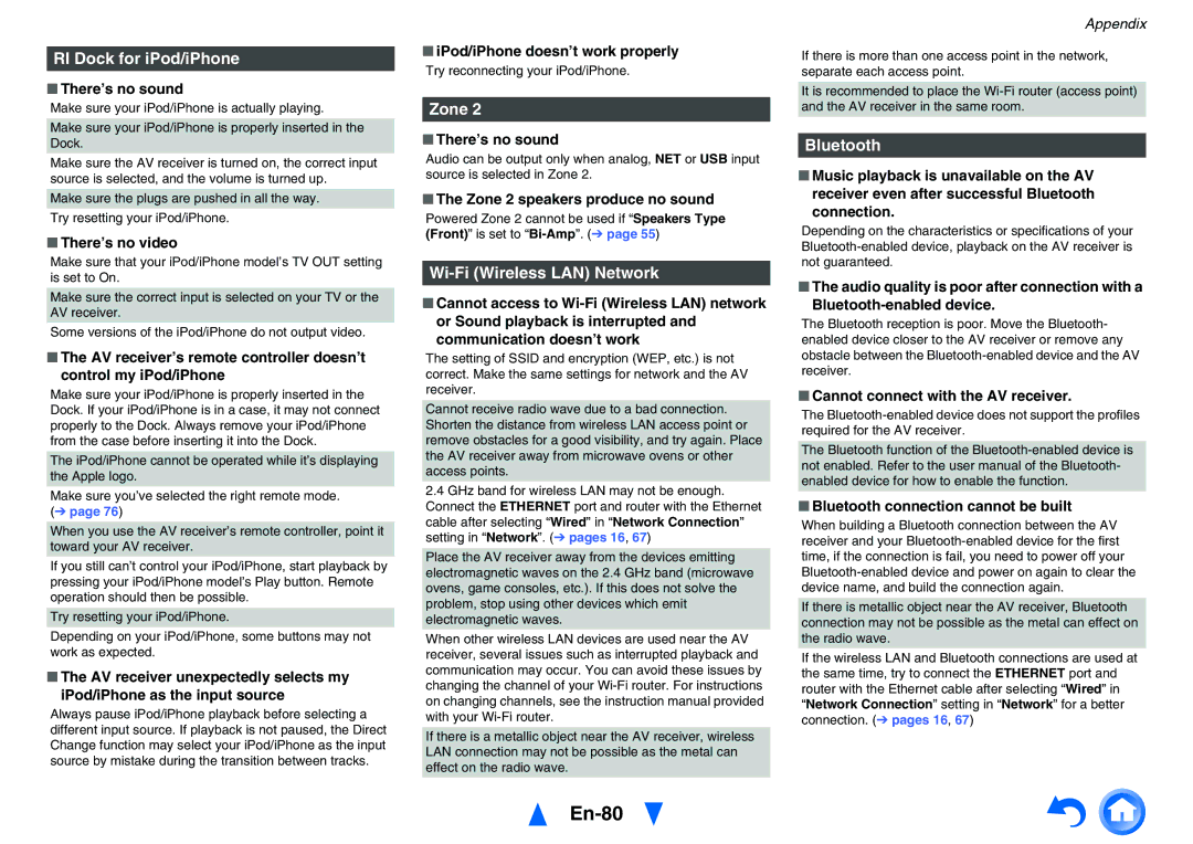 Onkyo TX-NR626 instruction manual En-80, RI Dock for iPod/iPhone, Zone, Wi-Fi Wireless LAN Network, Bluetooth 