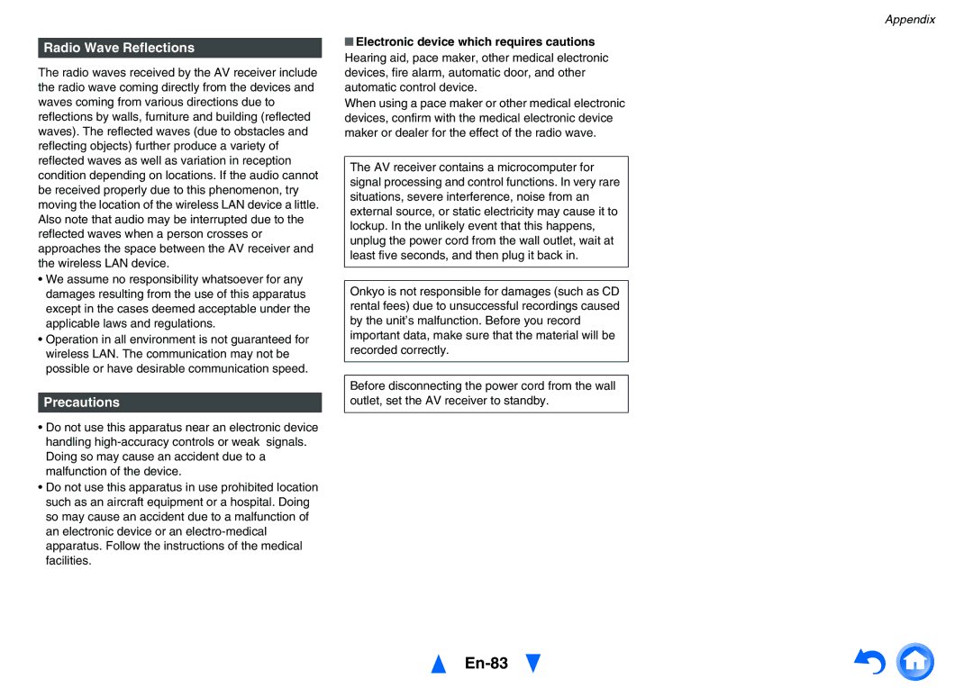 Onkyo TX-NR626 instruction manual En-83, Radio Wave Reflections, Precautions 
