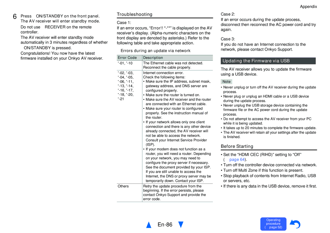 Onkyo TX-NR626 En-86, Troubleshooting, Updating the Firmware via USB, Case, Errors during an update via network 