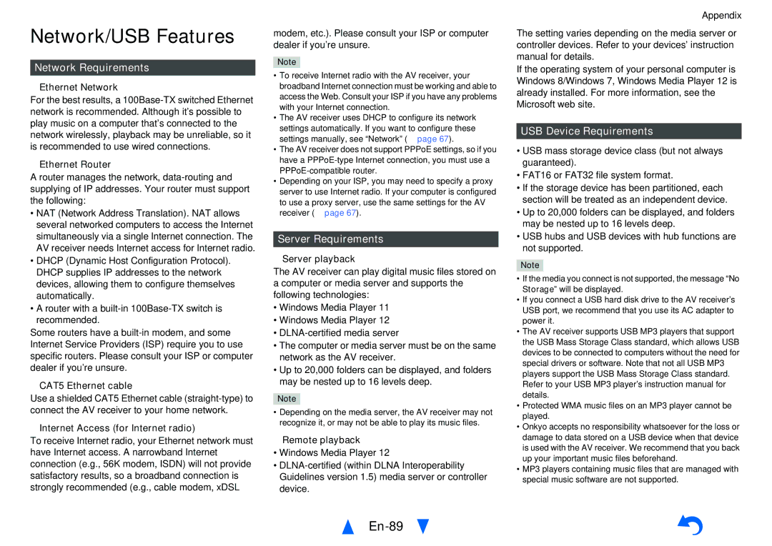 Onkyo TX-NR626 Network/USB Features, En-89, Network Requirements, Server Requirements, USB Device Requirements 