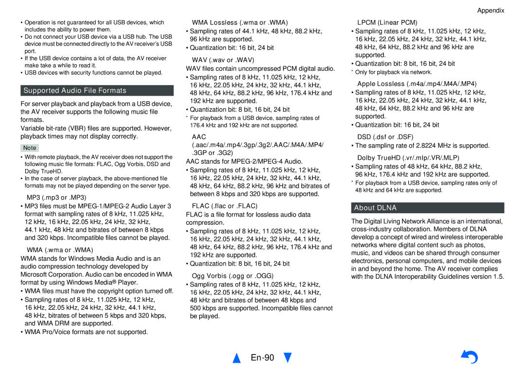 Onkyo TX-NR626 instruction manual En-90, Supported Audio File Formats, About Dlna 