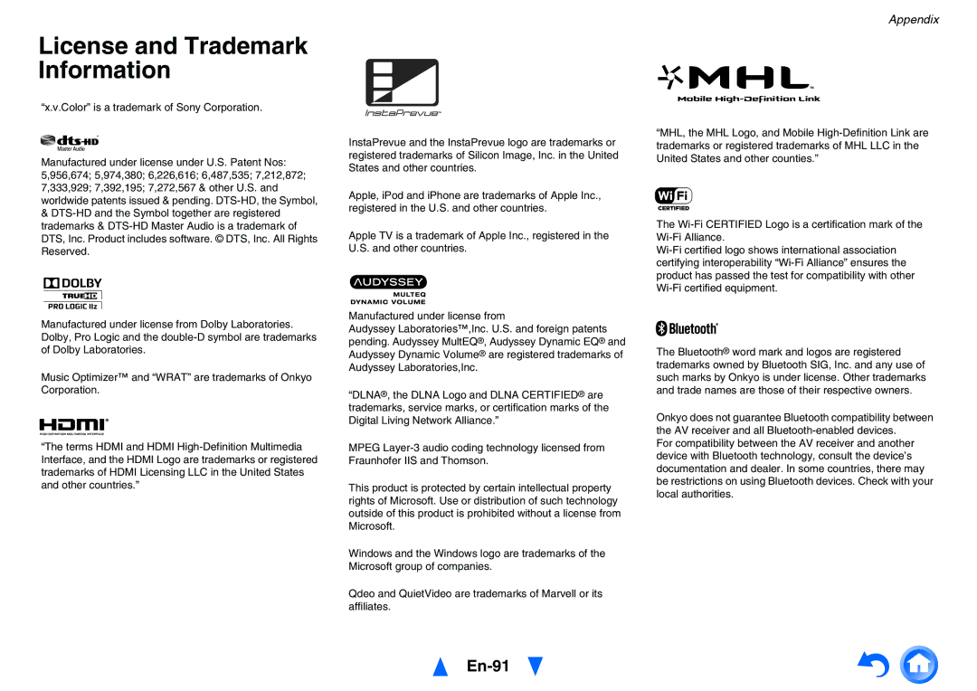 Onkyo TX-NR626 instruction manual License and Trademark Information, En-91 