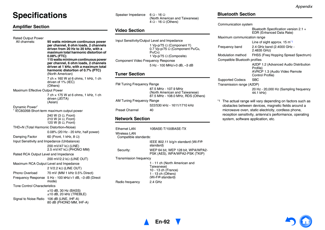 Onkyo TX-NR626 instruction manual Specifications, En-92 