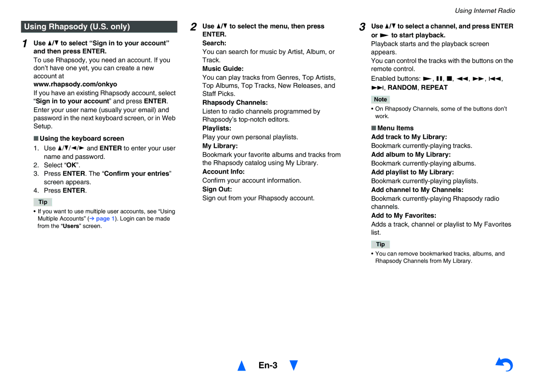 Onkyo TX-NR626 instruction manual Using Rhapsody U.S. only, RANDOM, Repeat 