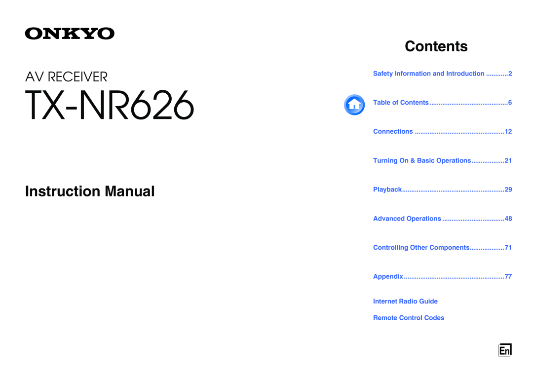 Onkyo TX-NR626 instruction manual Instruction Manual, Contents, Av Receiver 