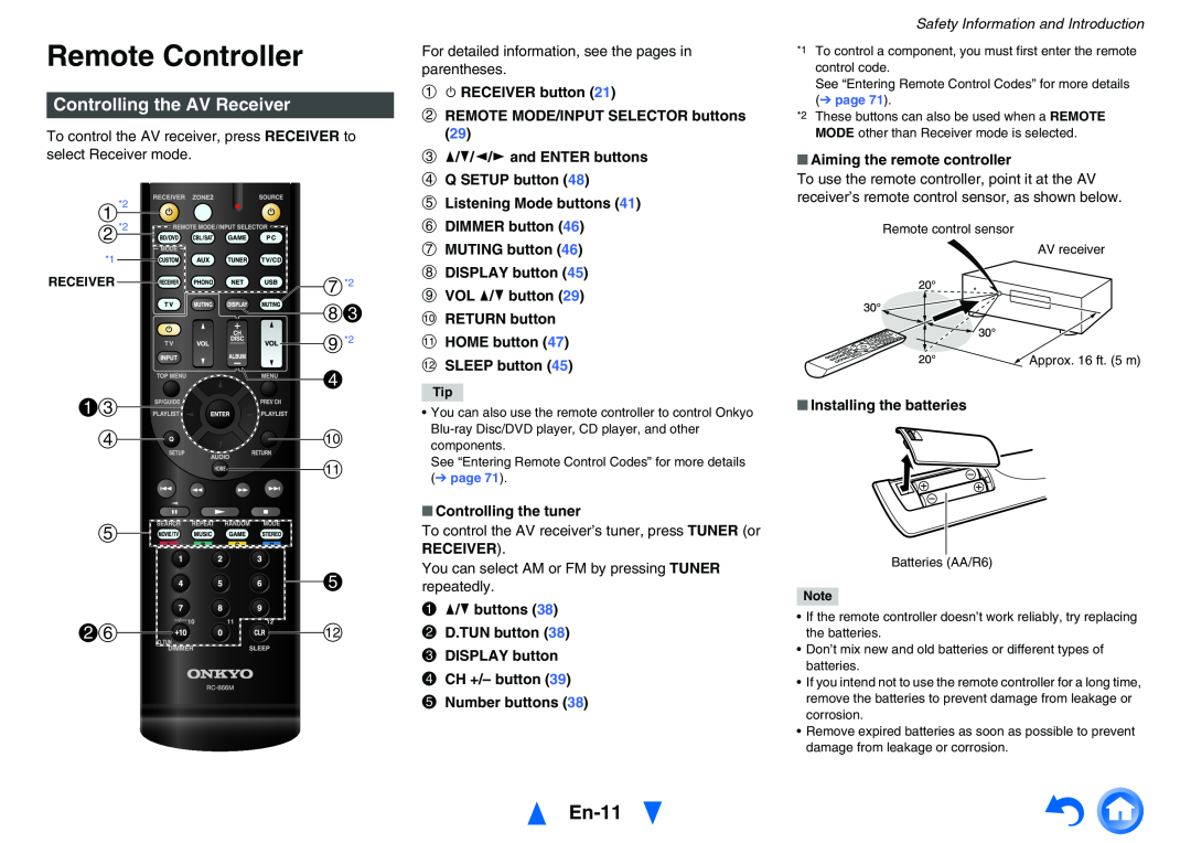 Onkyo TX-NR626 Remote Controller, e e bfl, En-11, Controlling the AV Receiver, Safety Information and Introduction 