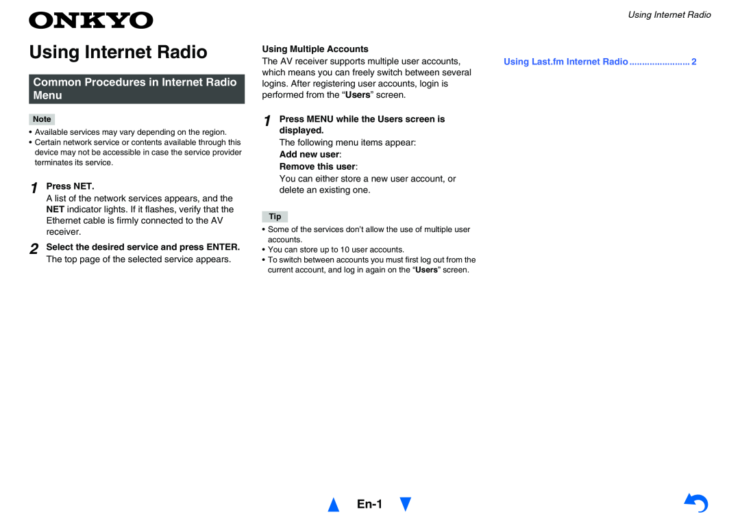 Onkyo TX-NR626 instruction manual Using Internet Radio, En-1, Common Procedures in Internet Radio Menu 