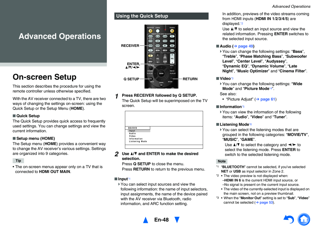 Onkyo TX-NR626 instruction manual Advanced Operations, On-screenSetup, En-48, Using the Quick Setup 